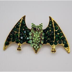 Green Rhinestone Bat Brooch Whimsey Goth Halloween Sparkle